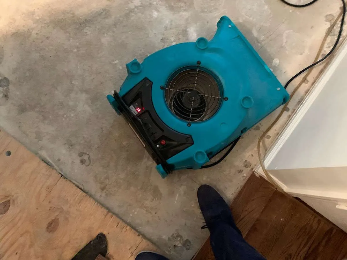 Air mover drying subfloor during Commercial Water Damage Restoration in Woodlake